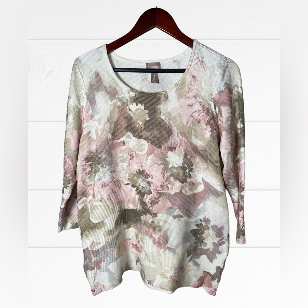CHICO'S Sweater Top Size 2 Womens Floral Pullover Sweater